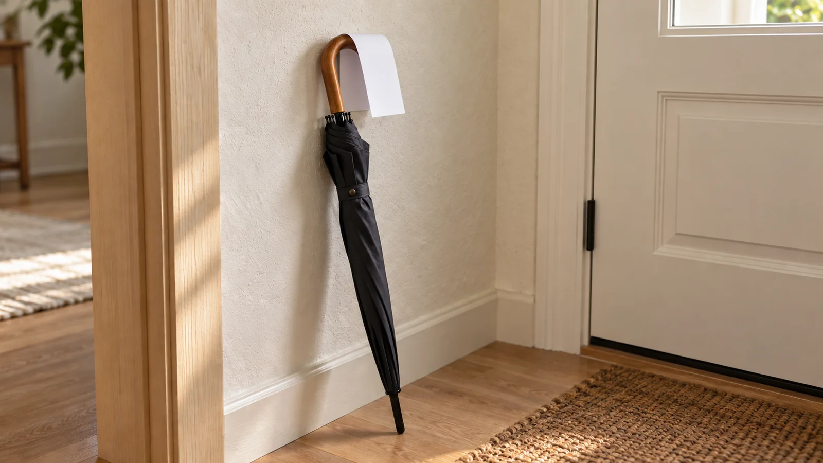 A sheet of paper folded over the handle of a closed umbrella resting beside the front door.