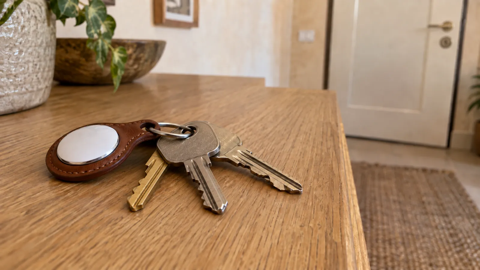 A bunch of keys with a round white tracker has been left on the oak console in front of the closed door.