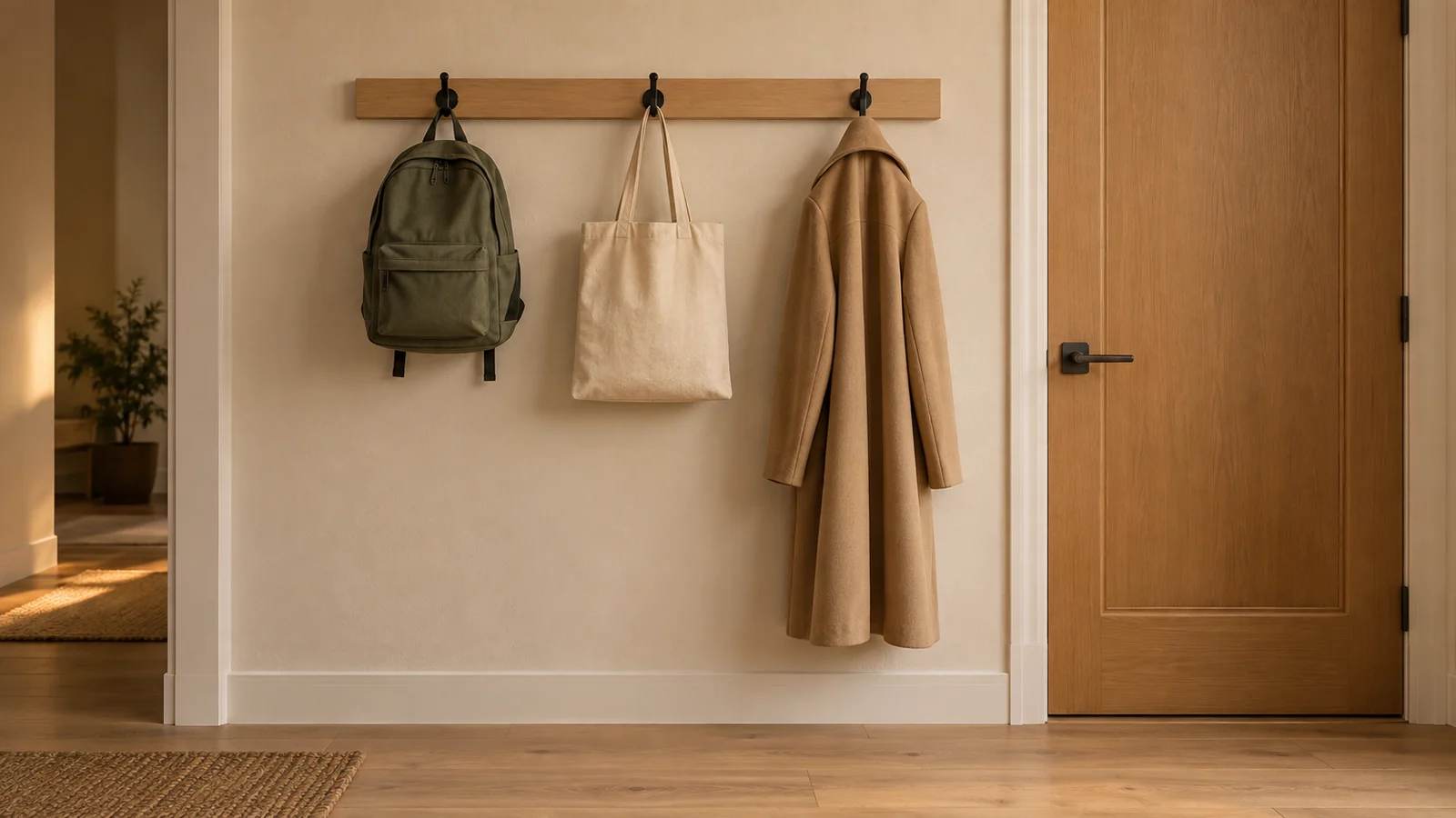 An adult backpack, canvas tote and full-length coat hanging from three separate hooks beside the door.