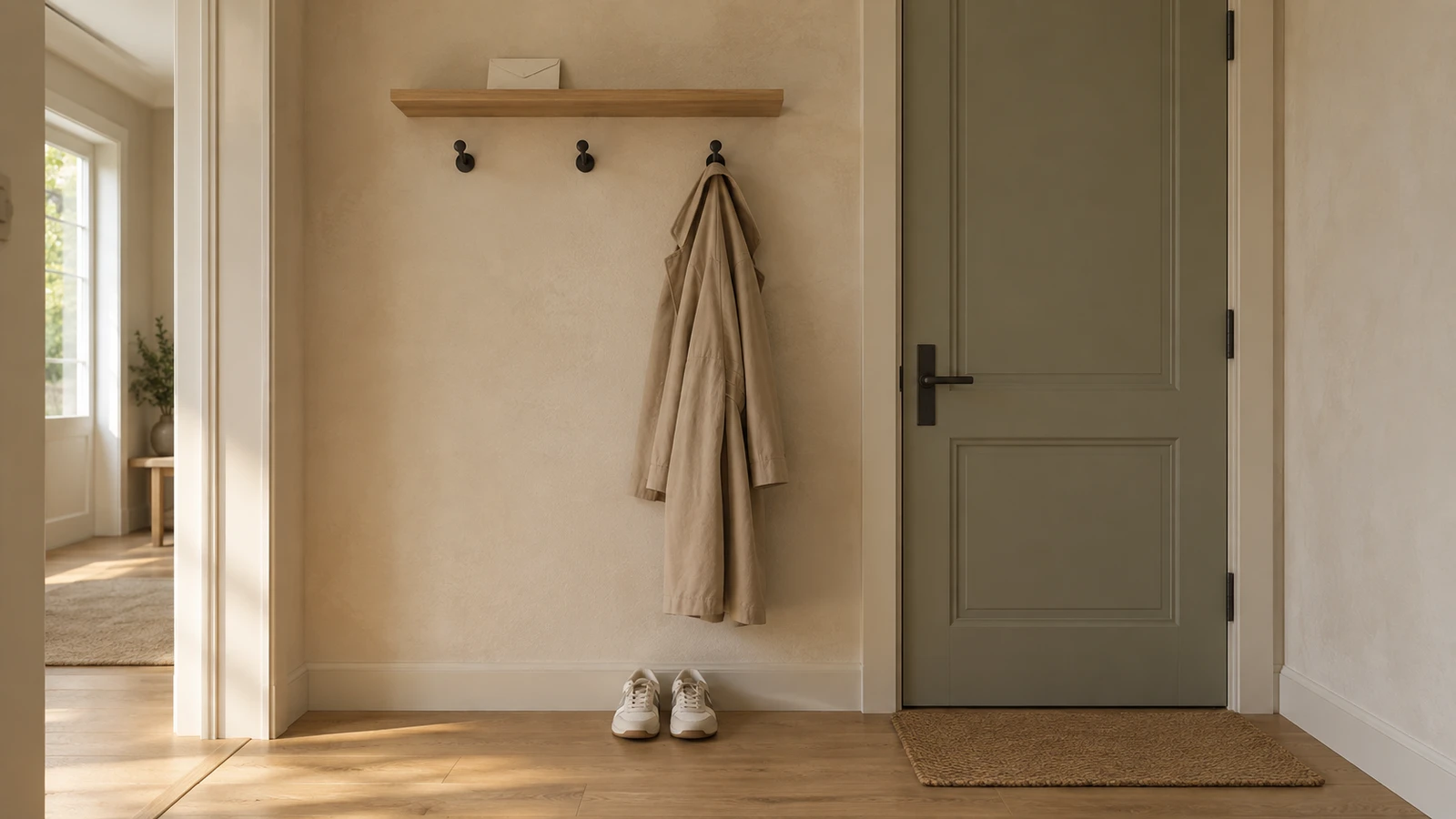 An oak shelf with an envelope, three hooks and a full-length adult coat; shoes beside the wall and a clear path to the door.