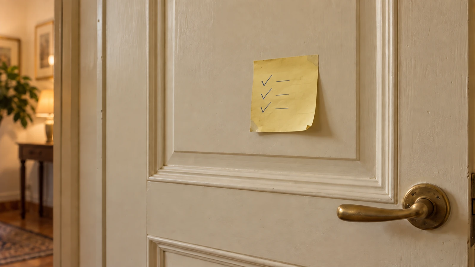 An old pale sticky note with a few pen marks and curled corners on the front door in evening light.