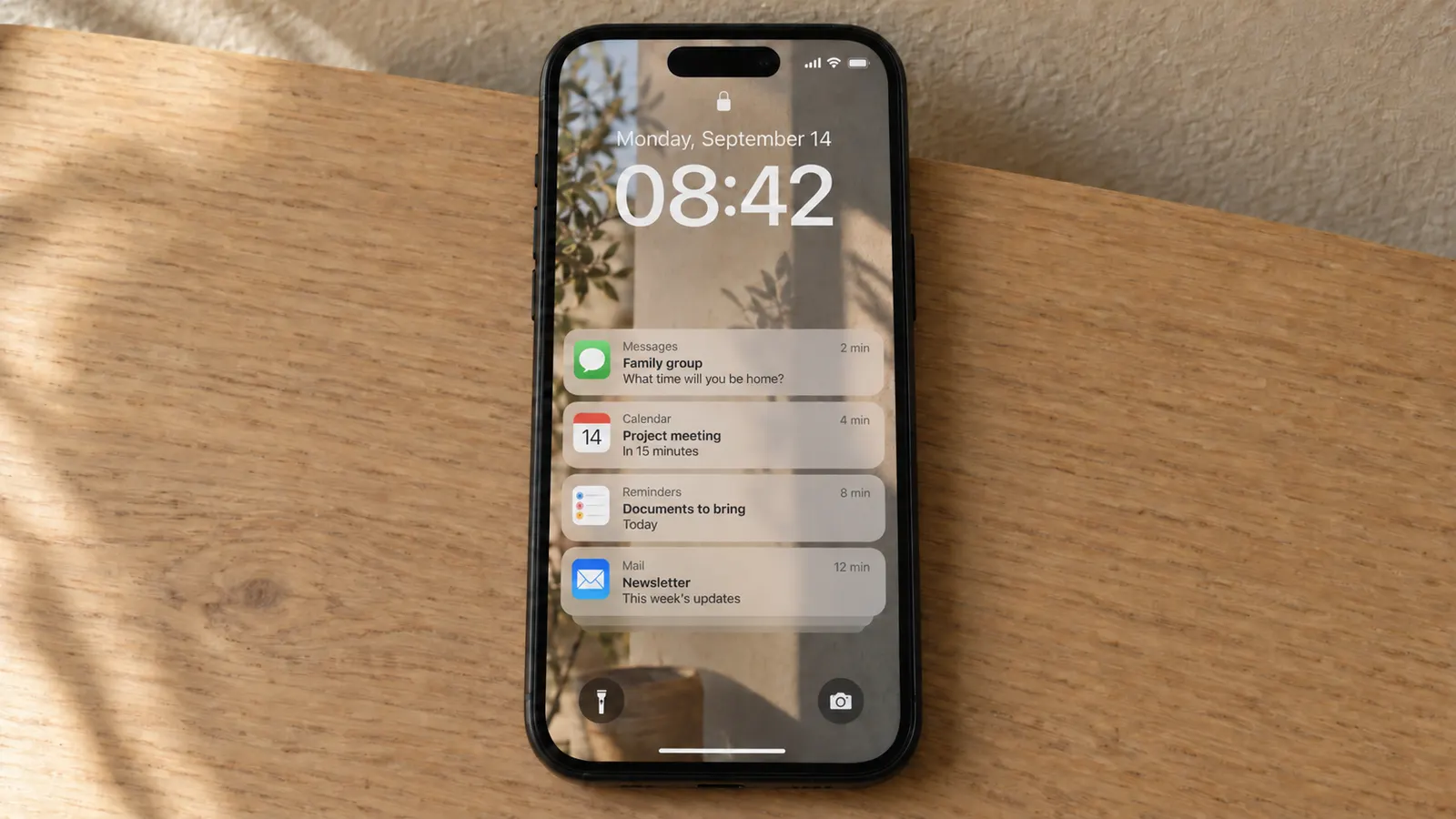 An iPhone shows Messages, Calendar, Reminders and Mail notifications on its lock screen; the reminder to bring documents sits among the other alerts.