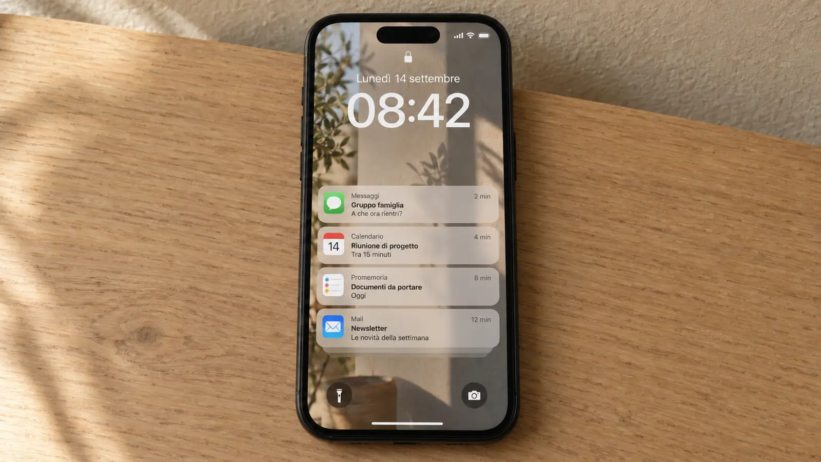 Un iPhone mostra notifiche di Messaggi, Calendario, Promemoria e Mail sulla schermata di blocco; il promemoria dei documenti è fra gli altri avvisi.