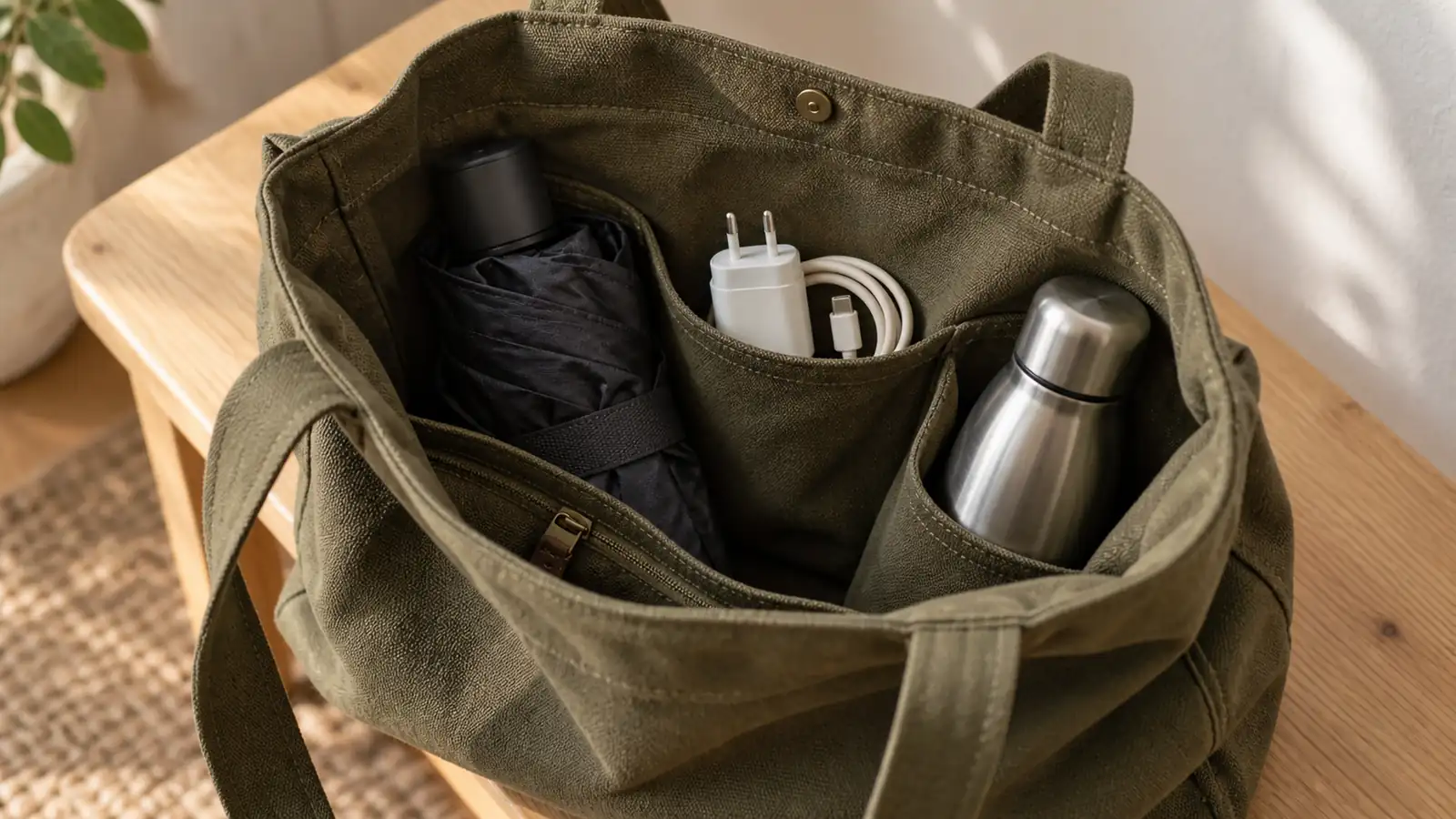 A folded umbrella, a charger with cable and a water bottle already packed in the pockets of an open bag.