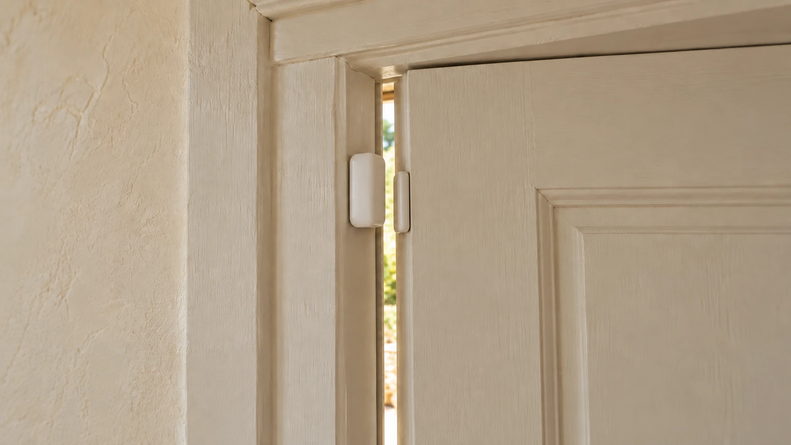 The two parts of a contact sensor on the frame and leaf of an ajar door, separated by the opening.